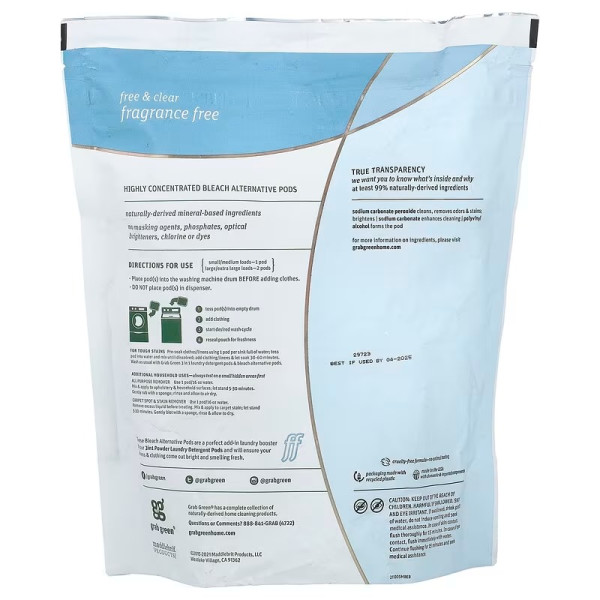 Відбілювач для речей, Bleach Alternative, GrabGreen, 60 порцій, без запаху, 900 г