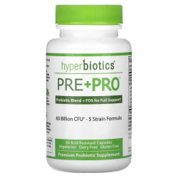 Пребіотики + пробіотики, Hyperbiotics Pre + Pro, 60 млрд КУО, 60 кислотостійких капсул