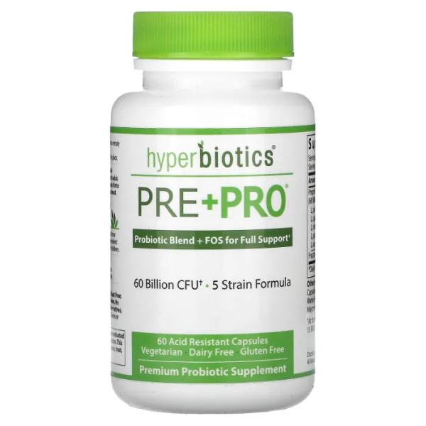 Пребіотики + пробіотики, Pre + Pro, Hyperbiotics, 60 млрд КУО, 60 кислотостійких капсул