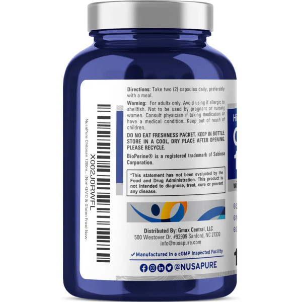 Хітозан для схуднення, Chitosan, NusaPure, 1200 мг, з біоперином, 150 капсул