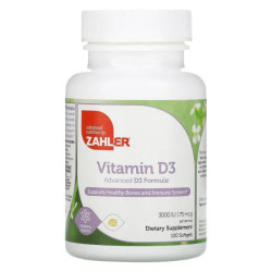 Витамин D3 75 мкг (3000 МЕ), Zahler Vitamin D3, усовершенствованная формула, 120 капсул
