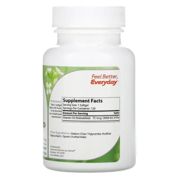 Вітамін D3: удосконалена формула (Vitamin D3), Zahler, 75 мкг (3000 МО), 120 капсул